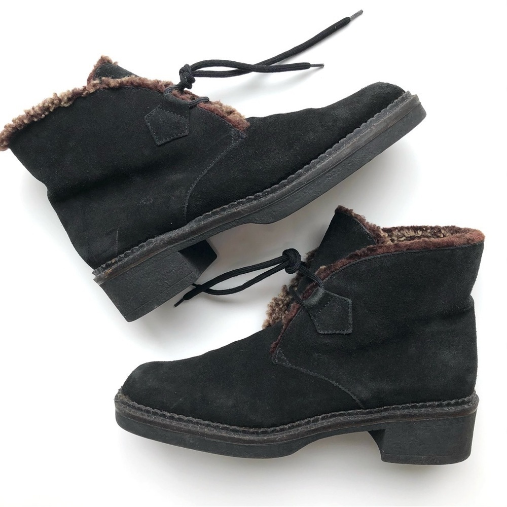 Vicini Black Suede Fur Lined Boots Lace Up Chelsea Ankle Booties